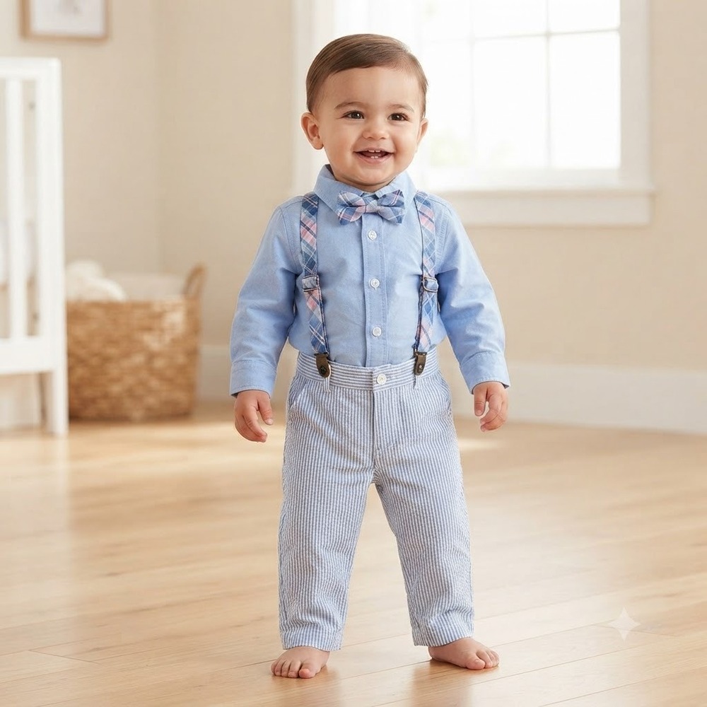 US Polo Assn Baby Boy 12M Blue Seersucker Pants Bodysuit Suspenders Bow Tie Set